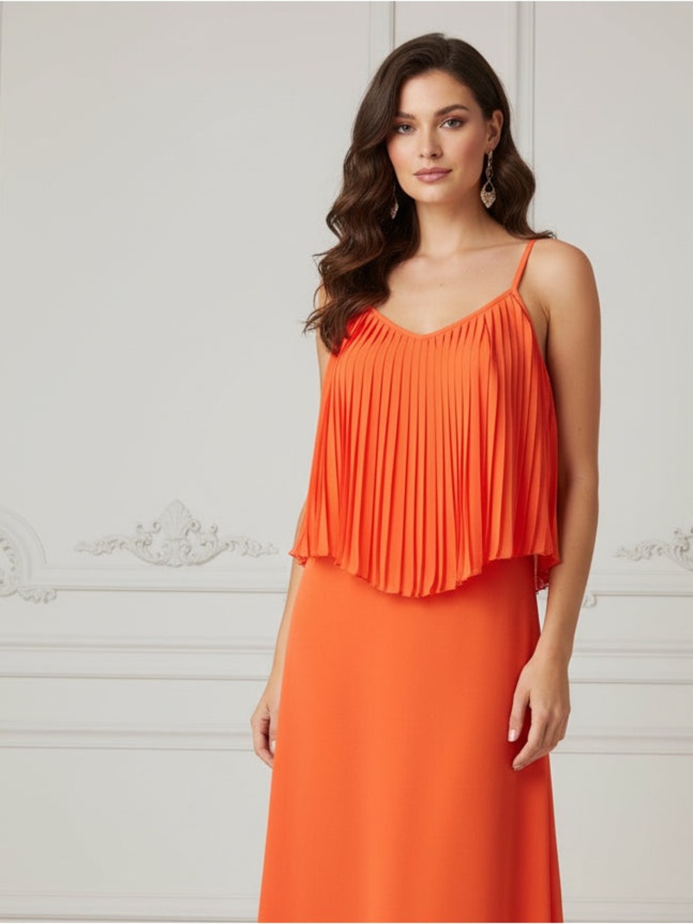 Orange Pleated Bodice Overlay Maxi Dress - Women